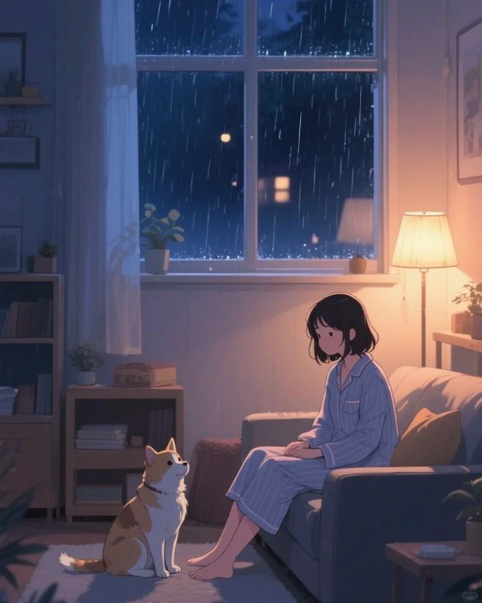 Ảnh anime cô đơn và chú chó 
